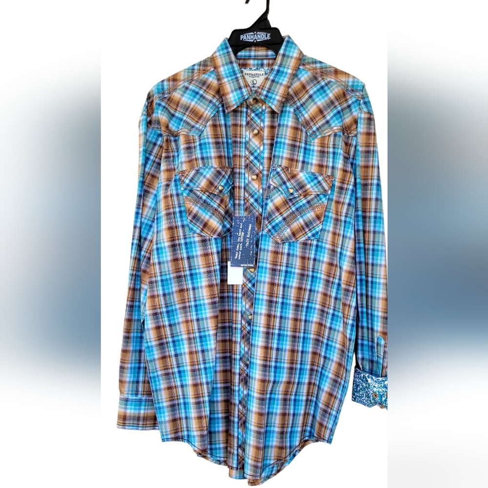Men's Panhandle Button down Long Sleeve Shirt, 100% Cotton, Green/Brown Plaid